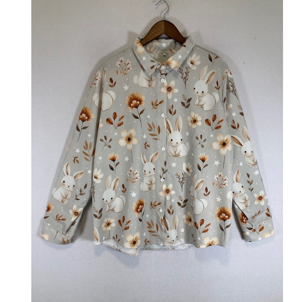 Cottagecore Woodland Womens XXL Grey Bunny Floral Long Sleeve Button Down Shirt